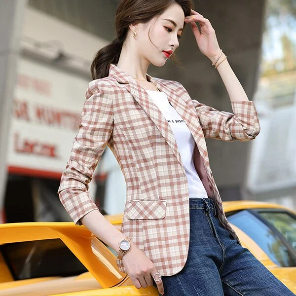 Woman Khaki Blue Plaid Blazer Fashion Slim Autumn