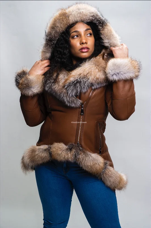 Women's Amber Shearling Sheepskin Jacket With Fox [Brown/Crystal Fox]