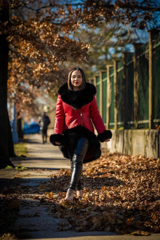 Women's Amber Shearling Sheepskin Jacket With Fox [Red/Black]