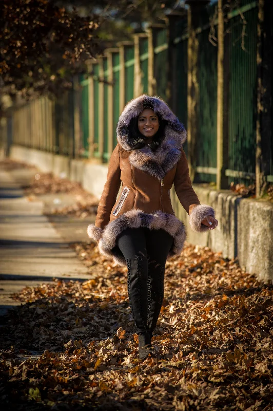 Women's Amber Shearling Sheepskin Jacket With Fox [Tan/Tan Fox]