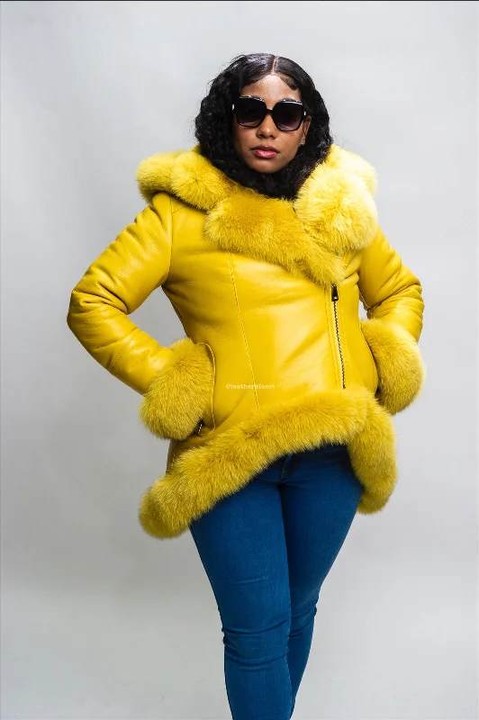 Women's Amber Shearling Sheepskin Jacket With Fox [Yellow/Yellow Fox]