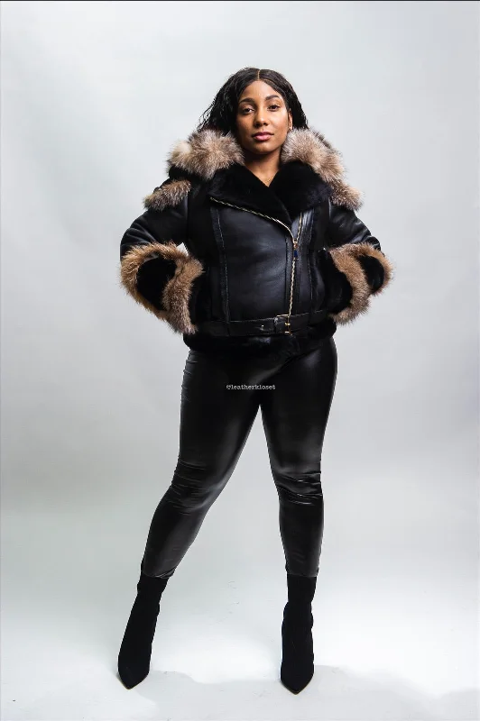 Women's Angela Real Sheepskin Biker Jacket With Fox