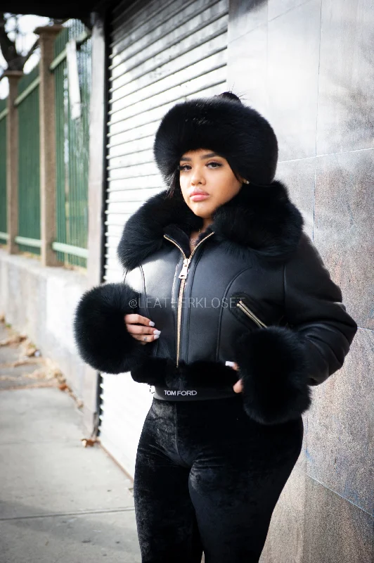 Women's Aurora Crop Sheepskin Jacket With Fox & Headband [Black]