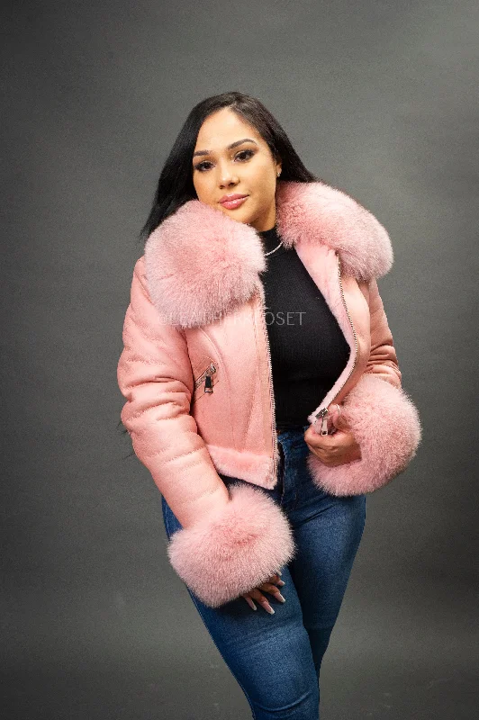 Women's Aurora Crop Sheepskin Jacket With Fox [Pink]