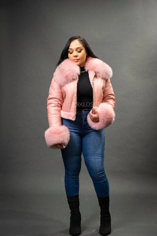 Women's Aurora Crop Sheepskin Jacket With Fox [Pink]