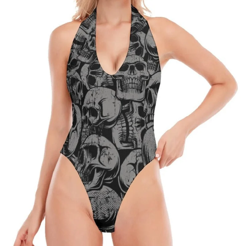 Women's Black Skulls Backless V-neck Bodysuit