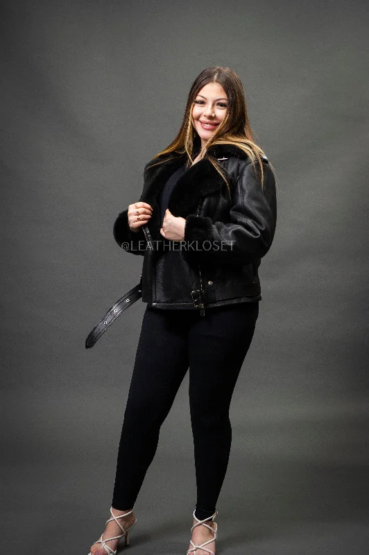 Women's Classic Sheepskin Biker Jacket [Black]