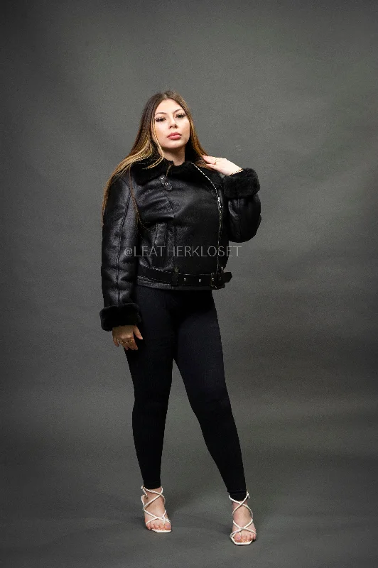 Women's Classic Sheepskin Biker Jacket [Black]