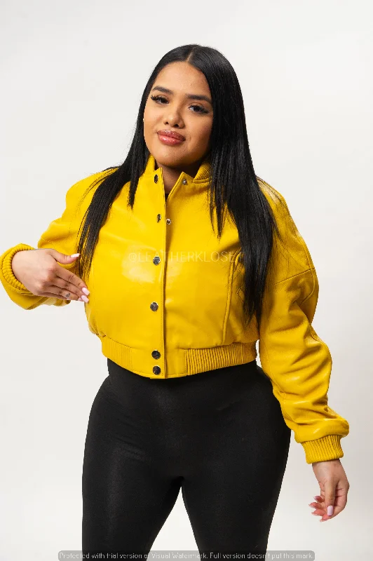 Women's Crop Leather Varsity Jacket [Yellow]