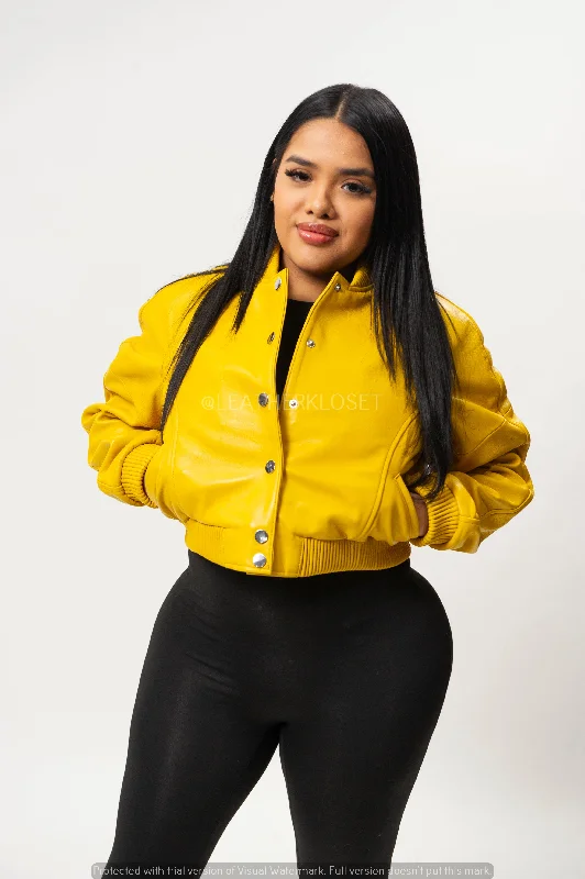 Women's Crop Leather Varsity Jacket [Yellow]