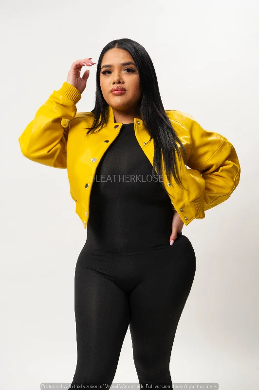 Women's Crop Leather Varsity Jacket [Yellow]