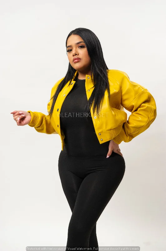 Women's Crop Leather Varsity Jacket [Yellow]