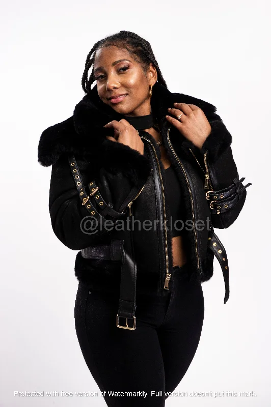 Women's Real Sheepskin Bomber Jacket [Black]