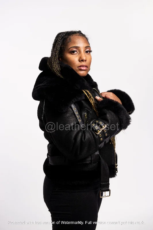 Women's Real Sheepskin Bomber Jacket [Black]