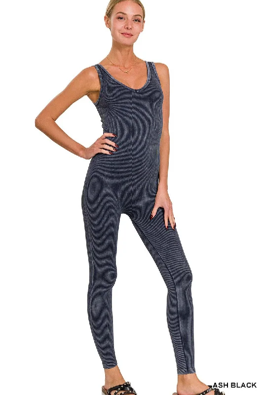 Zenana Stone Washed Ribbed Seamless Sport Jumpsuit NPW-6369 Ash Black